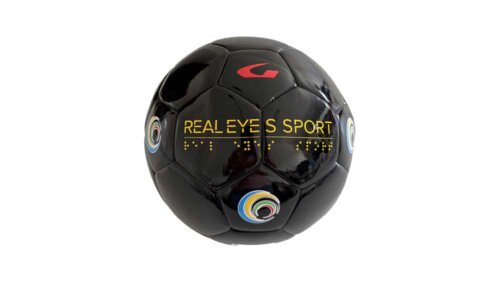 Pallone da futsal nero personalizzato Real Eyes Sport, con logo e scritta in braille